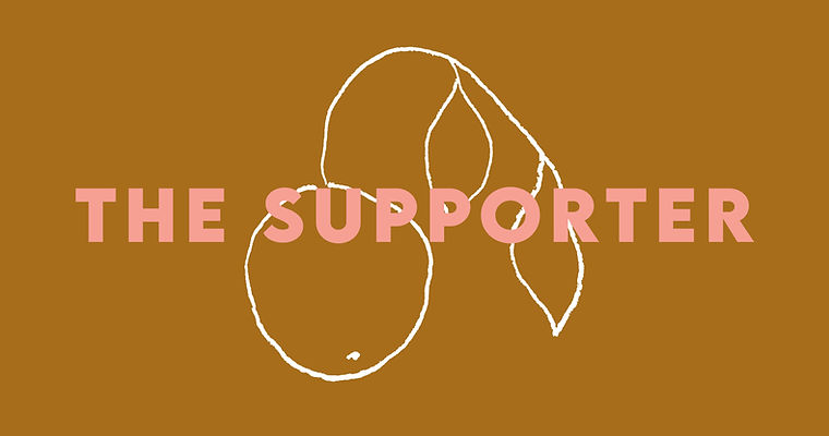 A logo of a hand-drawn orange with the title of "The Supporter" in yellow, white, and pink
