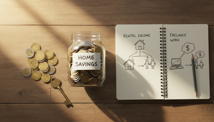 Overhead view of a home table with coins, a house key, and a simple savings jar