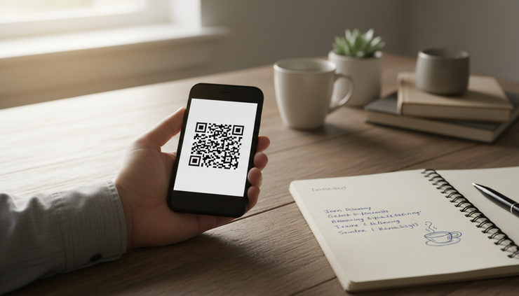 Close-up view of a hand holding a phone with a QR code near a notebook