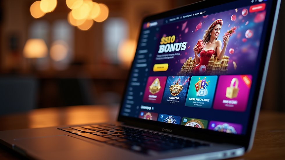 Eye-level view of a laptop screen showing a colourful online casino bonus page