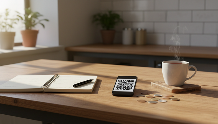 Eye-level view of a notebook, phone, and coins on a wooden kitchen table