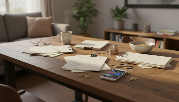 Wide-angle view of a casual table with printed notes, a phone, and a small house key