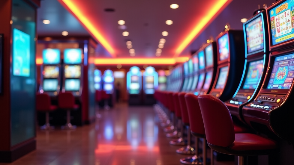 Eye-level view of a modern casino lobby with bright lights and gaming machines