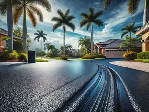 Freshly sealcoated asphalt driveway in Southwest Florida, featuring a smooth black surface with a slight reflective sheen, surrounded by palm trees and a bright blue sky. A perfect example of professional sealcoating for long-lasting pavement protection.