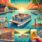 Stylized image of a boat on a lake with a sunset, Kalamazoo County sign, beer bottle, church, fish, and two flags. Bright and vibrant design.