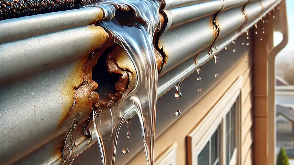 A close-up of a cracked and leaking gutter with water dripping and rust forming along the seam.