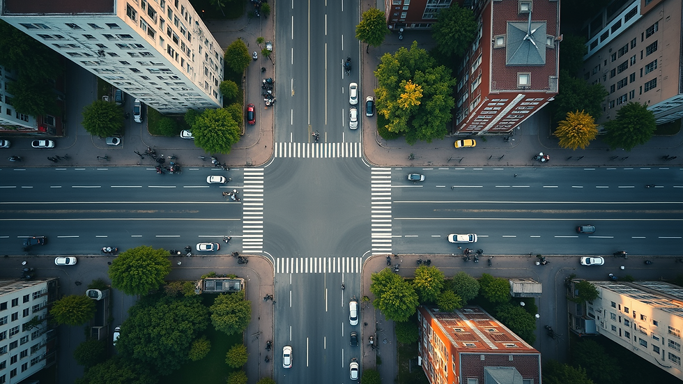Aerial view of an urban area with extensive asphalt surfaces