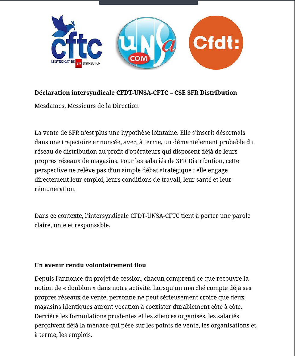 Déclaration au CSE sur le Futur de SFR Distribution