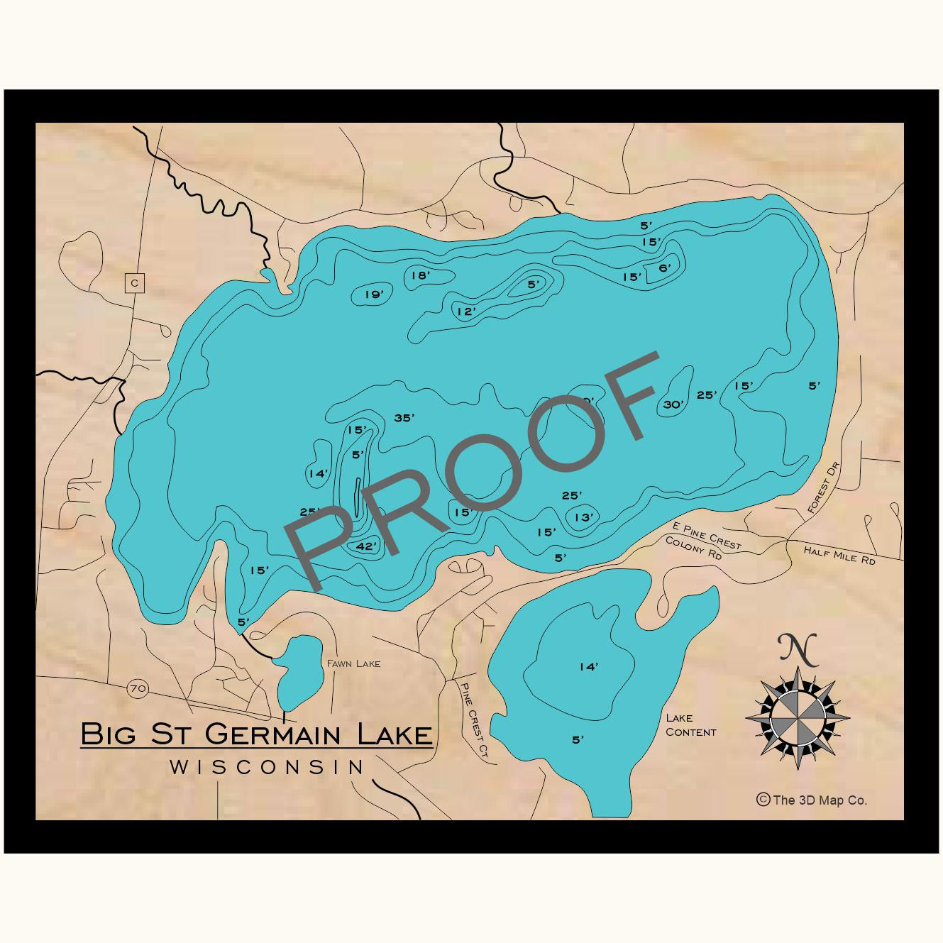 Big St Germain Lake 3d wood lake map art in traditional relief style featuring bathymetric depth layers.
