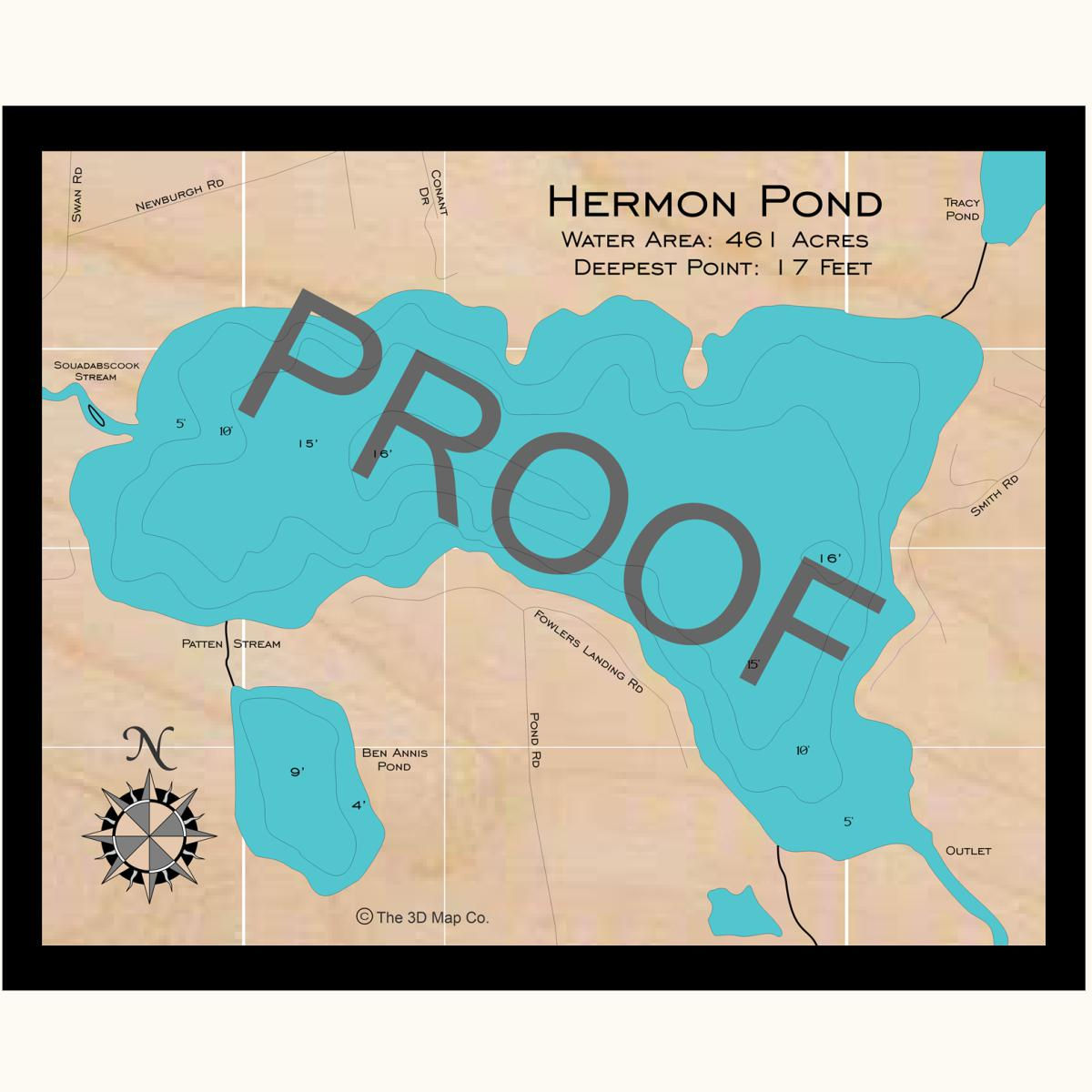 Hermon Pond 3d wood lake map art in traditional relief style featuring bathymetric depth layers.