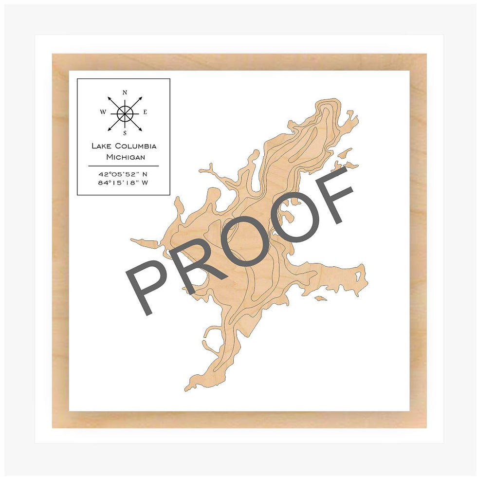 Modern 3D wood map of Lake Columbia Michigan - minimalist white and birch design.