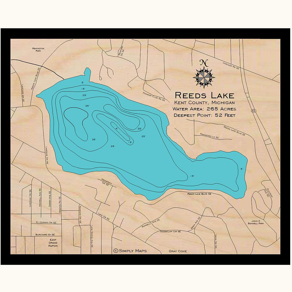 Reeds Lake 3d wood lake map art in traditional relief style featuring bathymetric depth layers.
