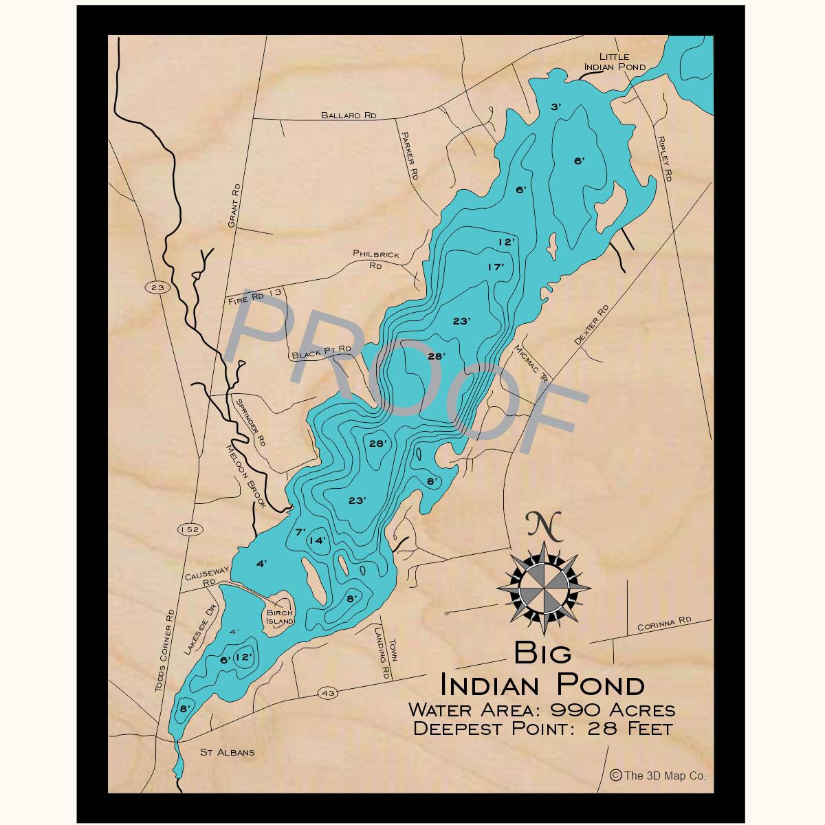 Big Indian Pond 3d wood lake map art in traditional relief style featuring bathymetric depth layers.
