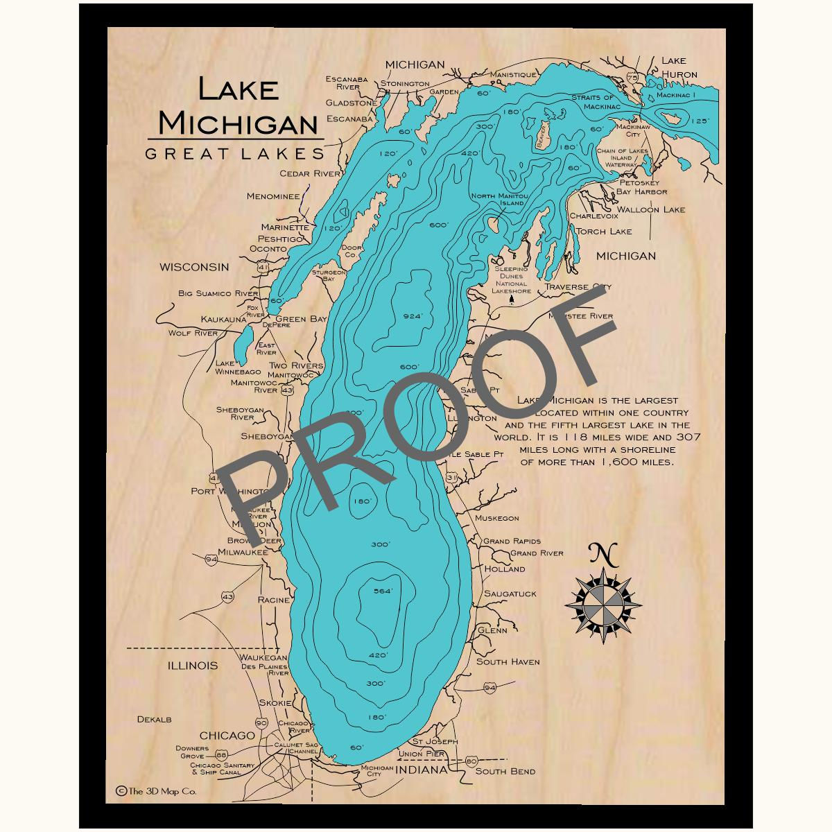 Lake Michigan 3d wood lake map art in traditional relief style featuring bathymetric depth layers.