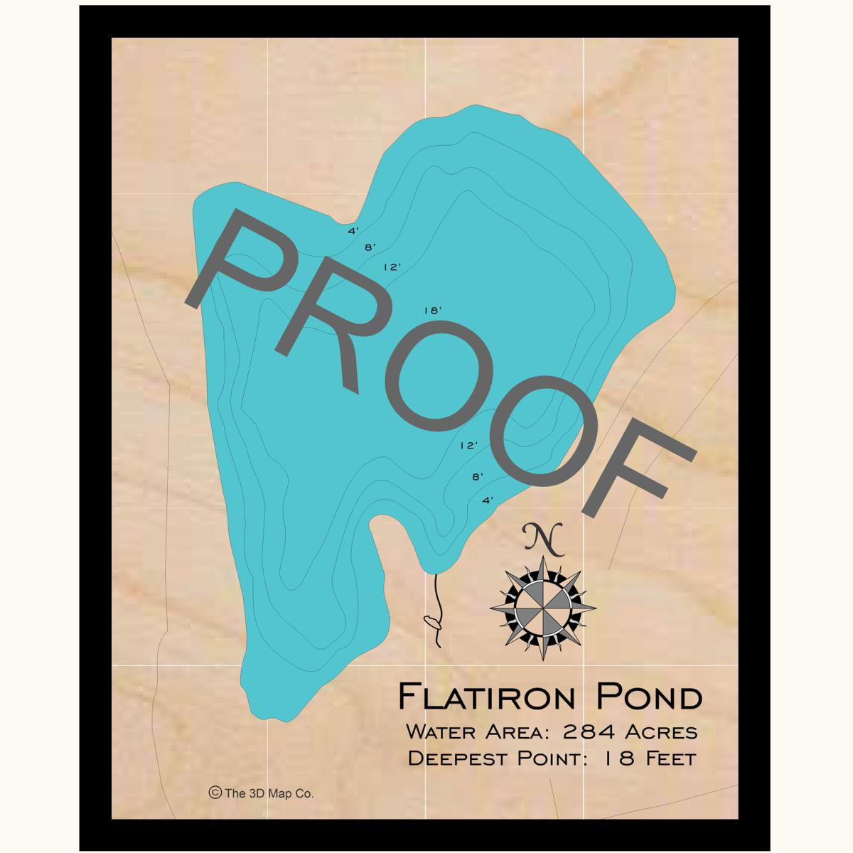 Flatiron Pond 3d wood lake map art in traditional relief style featuring bathymetric depth layers.