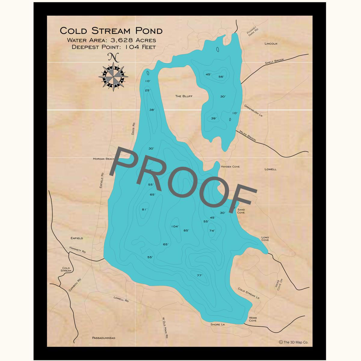 Cold Stream Pond 3d wood lake map art in traditional relief style featuring bathymetric depth layers.