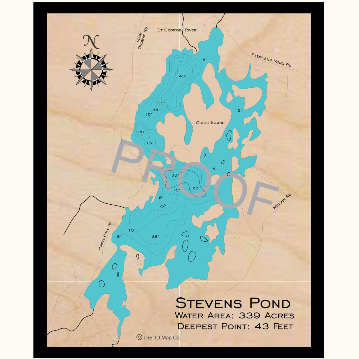 Stevens Pond 3d wood lake map art in traditional relief style featuring bathymetric depth layers
