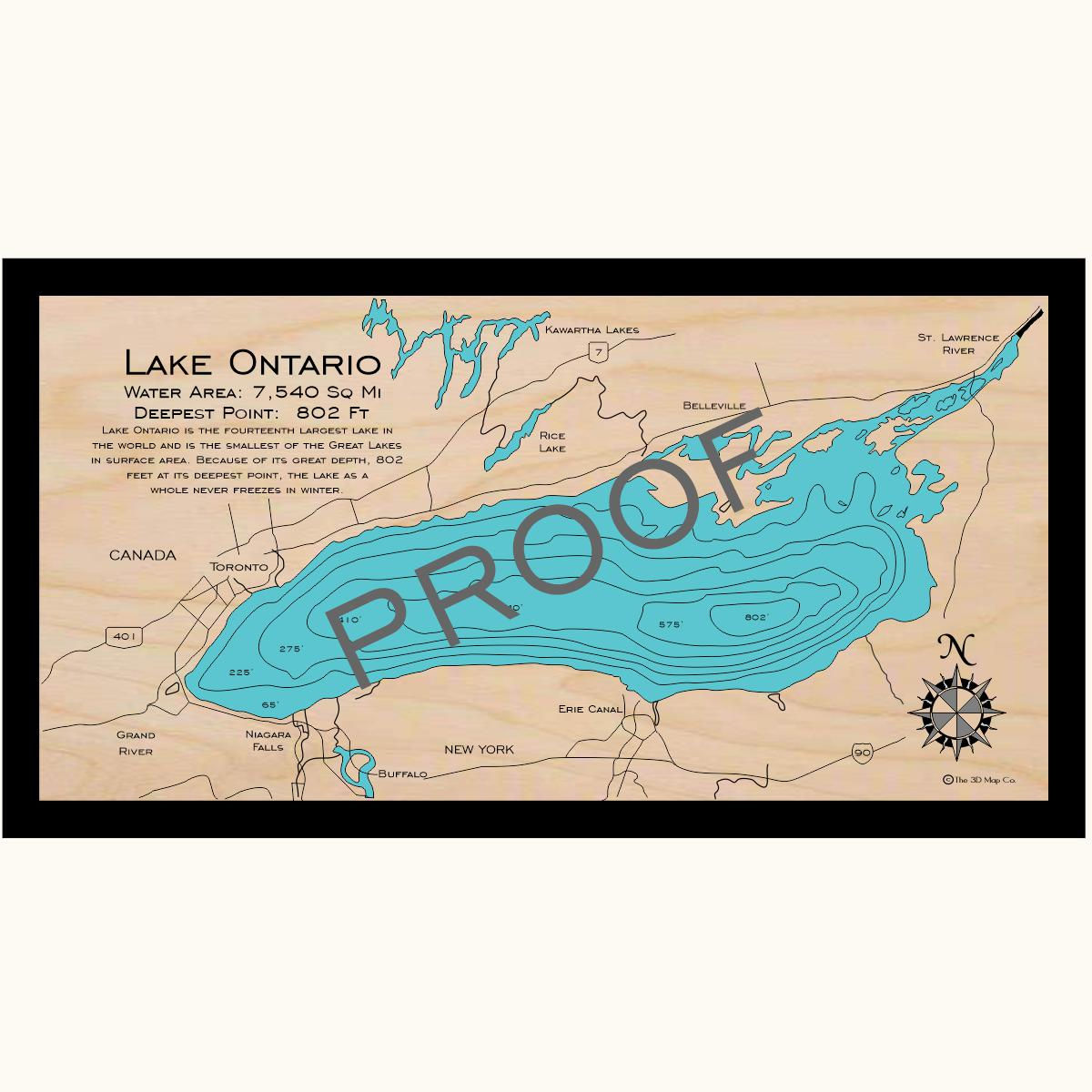 Lake Ontario 3d wood lake map art in traditional relief style featuring bathymetric depth layers.