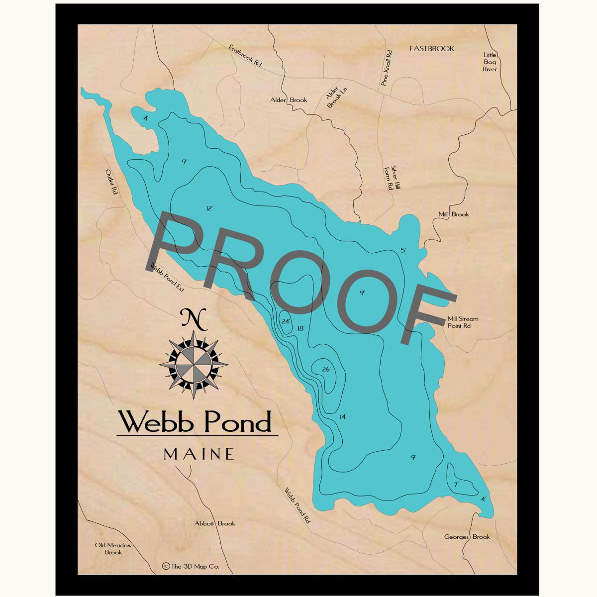 Webb Pond 3d wood lake map art in traditional relief style featuring bathymetric depth layers.