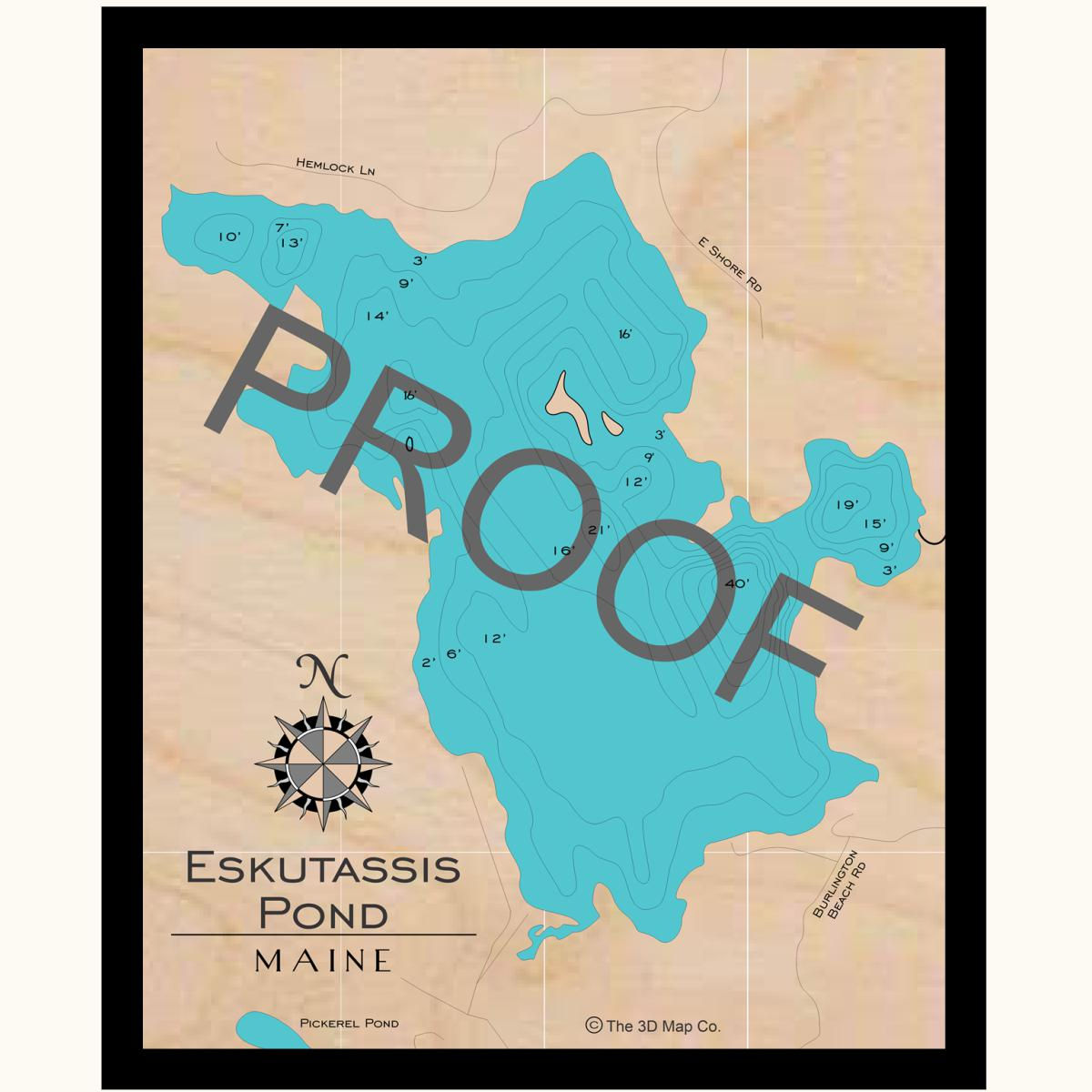Eskutassis Pond 3d wood lake map art in traditional relief style featuring bathymetric depth layers.