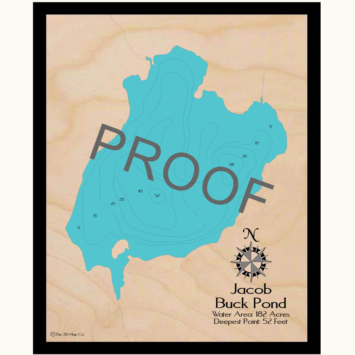 Jacob Buck Pond 3D wood lake map art in traditional relief style featuring bathymetric depth layers.