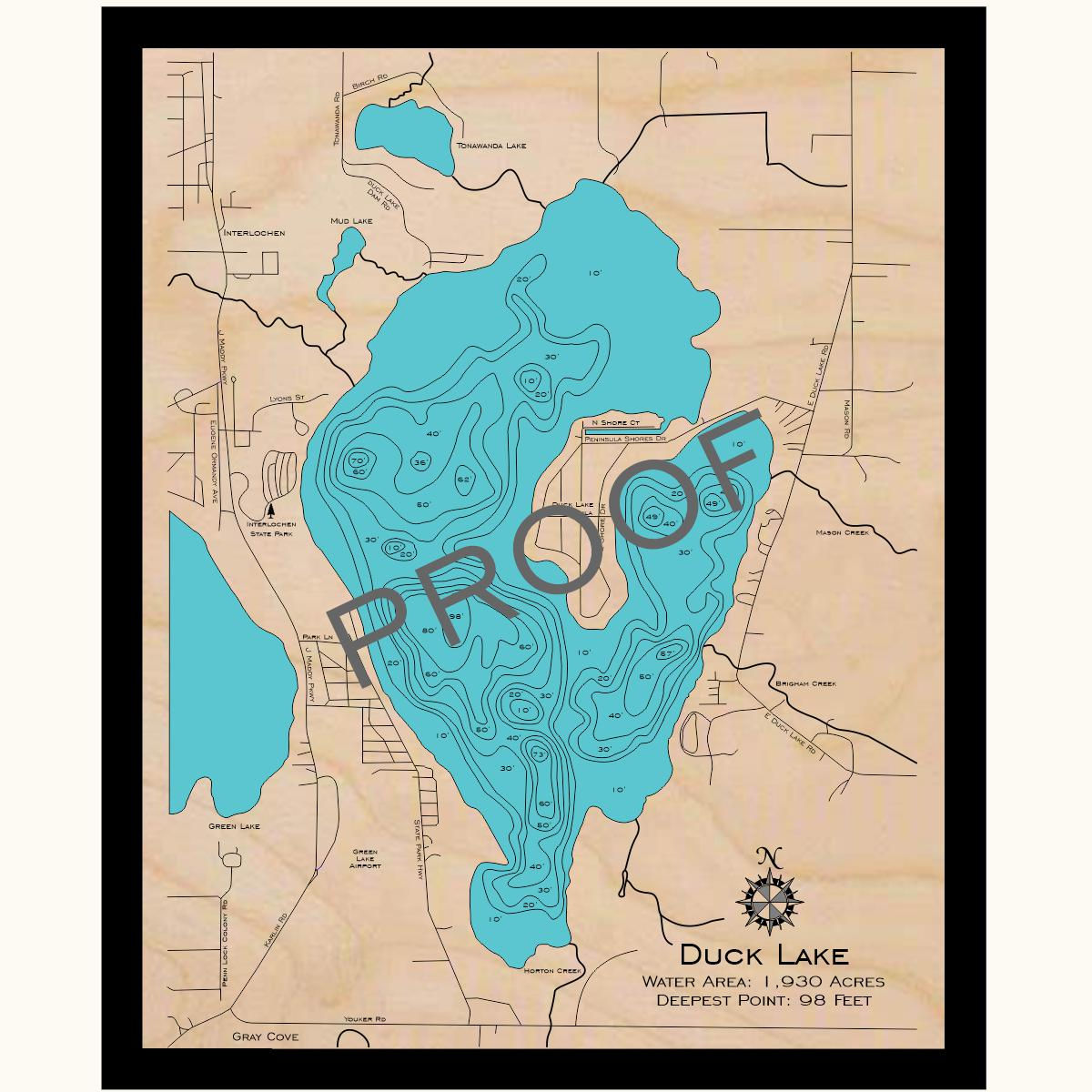 Duck Lake 3d wood lake map art in traditional relief style featuring bathymetric depth layers.