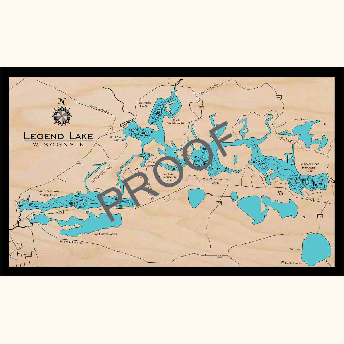 Legend Lake 3D wood lake map art in traditional relief style featuring bathymetric depth layers.