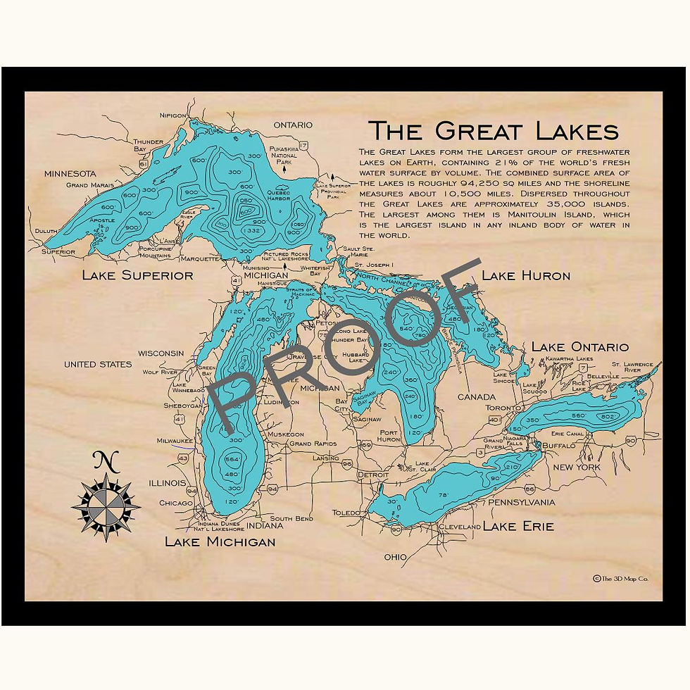 Great Lakes Region 3d wood coastal map art in traditional relief style featuring bathymetric depth layers.