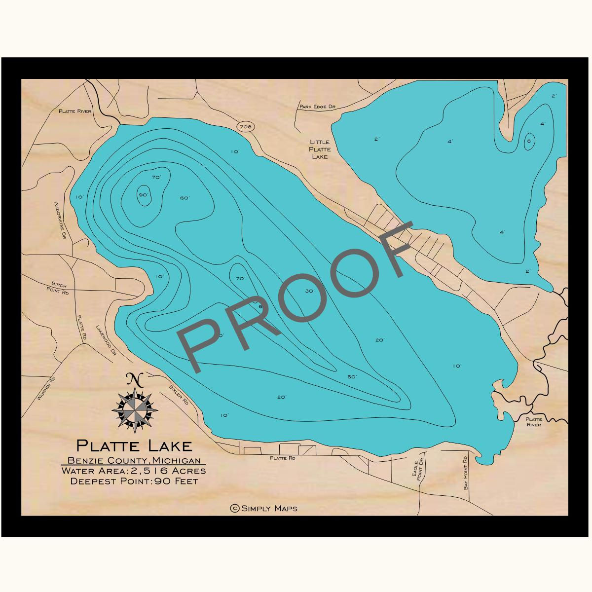 Platte Lake 3d wood lake map art in traditional relief style featuring bathymetric depth layers.