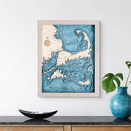Traditional 3D wood coastal map with pristine blue water layers in a classic home interior by Simply Maps.