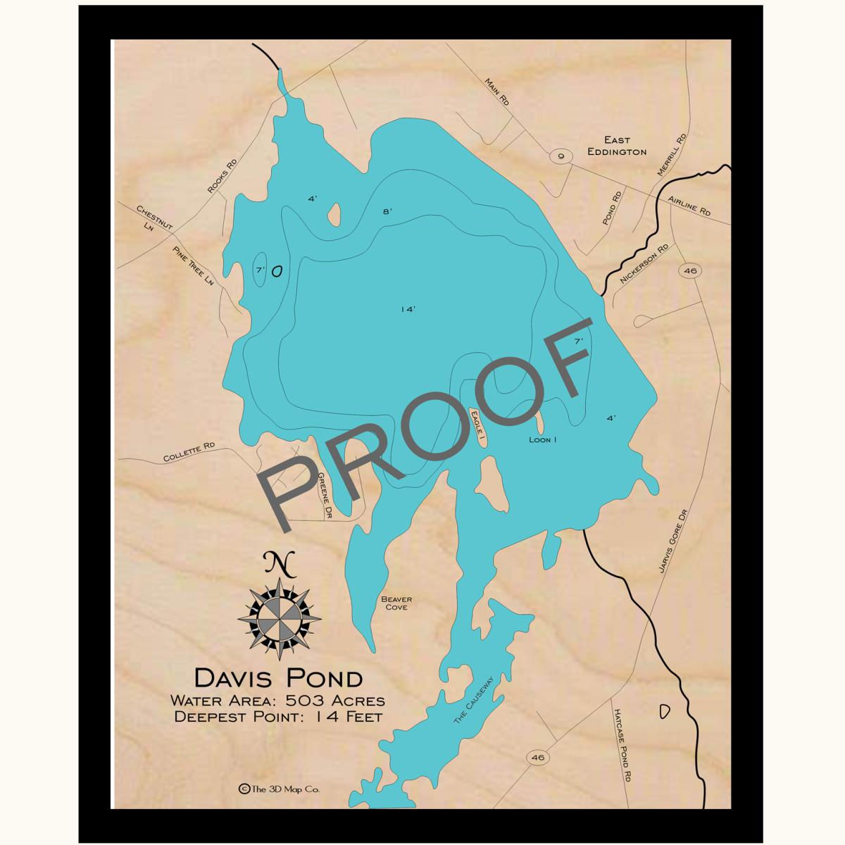 Davis Pond 3d wood lake map art in traditional relief style featuring bathymetric depth layers.