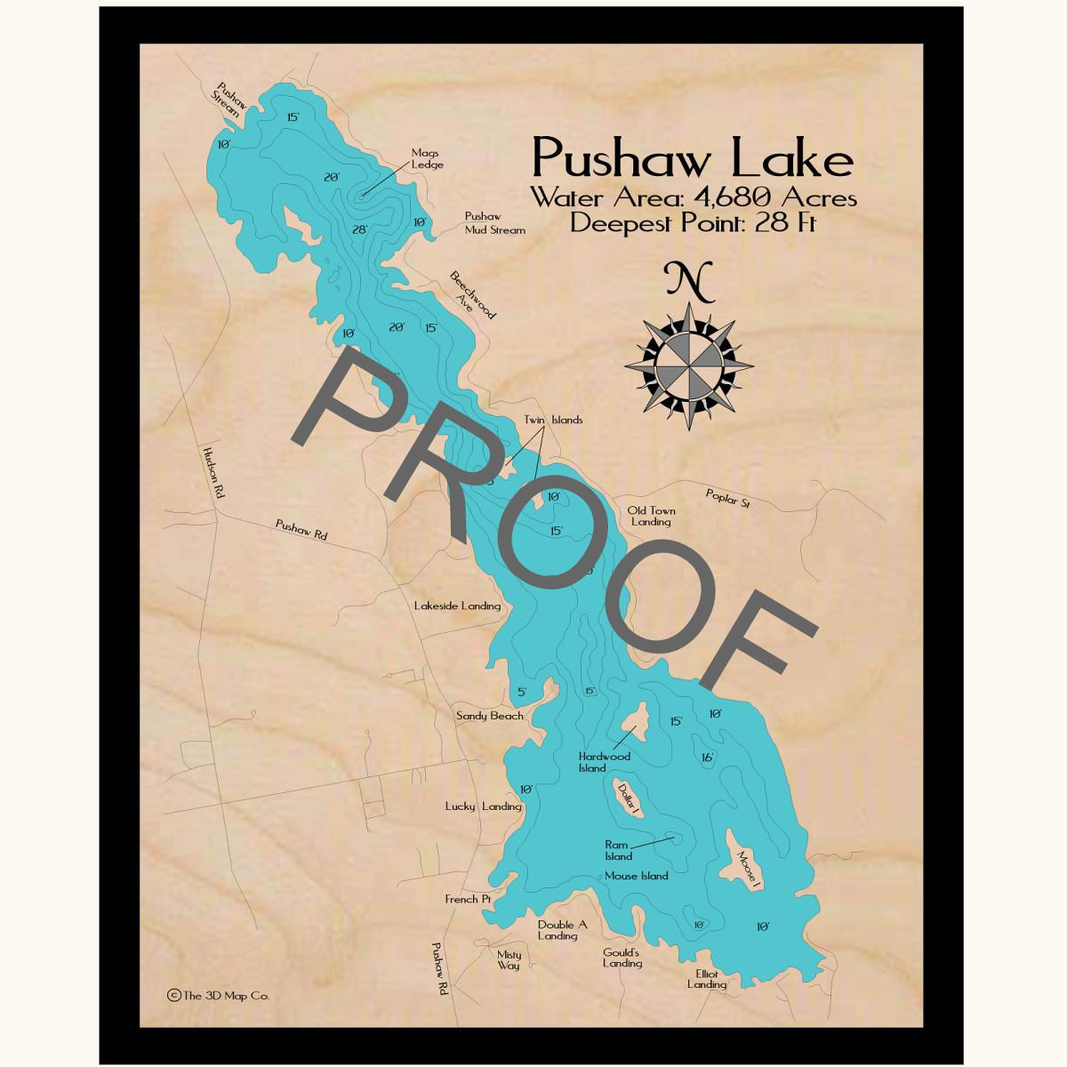 Pushaw Lake 3d wood lake map art in traditional relief style featuring bathymetric depth layers.
