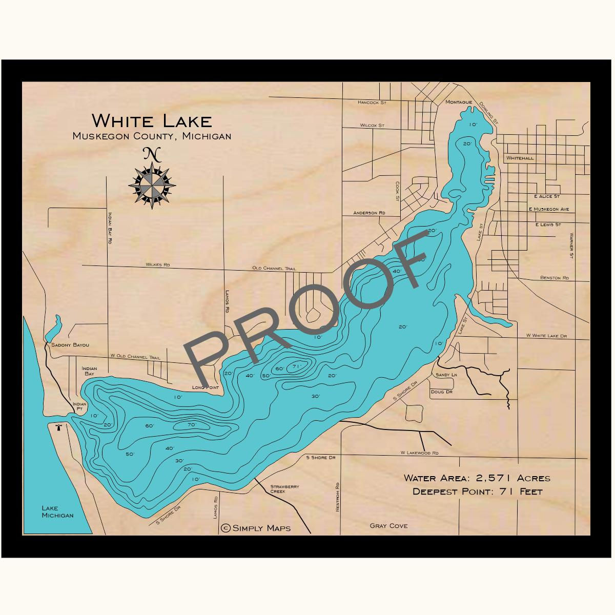 White Lake 3d wood lake map art in traditional relief style featuring bathymetric depth layers.
