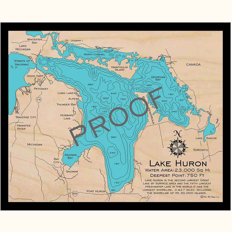 Lake Huron 3d wood lake map art in traditional relief style featuring bathymetric depth layers.