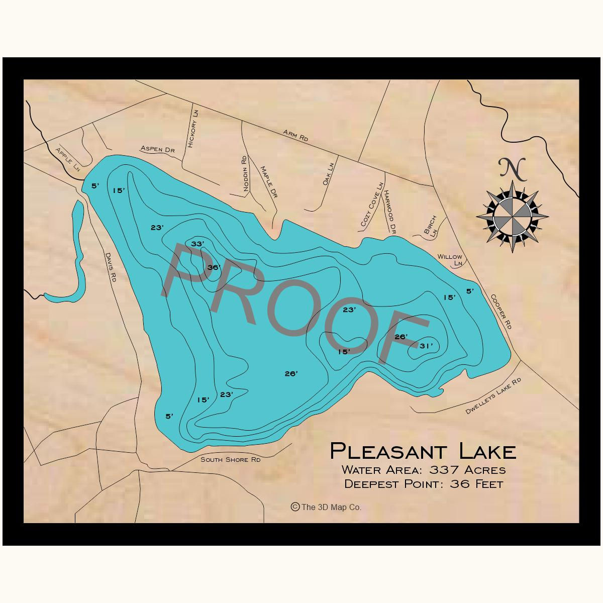 Pleasant Lake 3d wood lake map art in traditional relief style featuring bathymetric depth layers