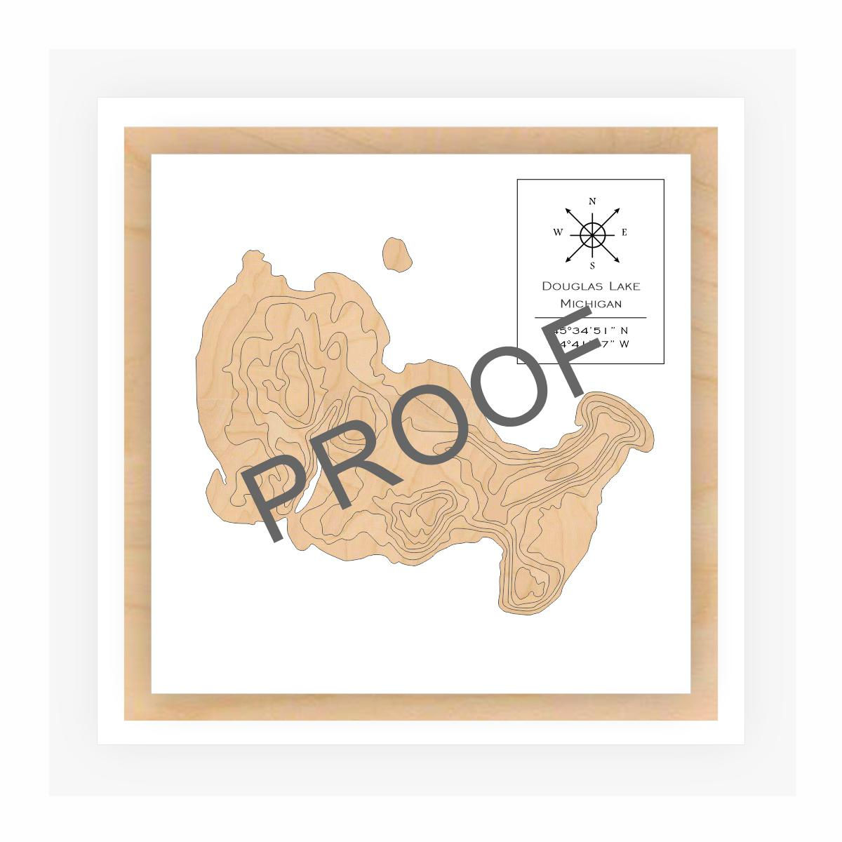 Modern 3D Wood Map of Douglas Lake Michigan - Minimalist White and Birch Design.