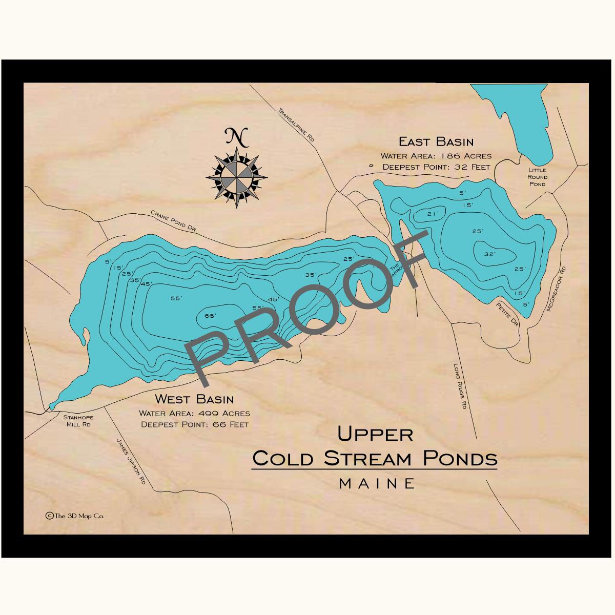 Upper Cold Stream Pond 3d wood lake map art in traditional relief style featuring bathymetric depth layers.
