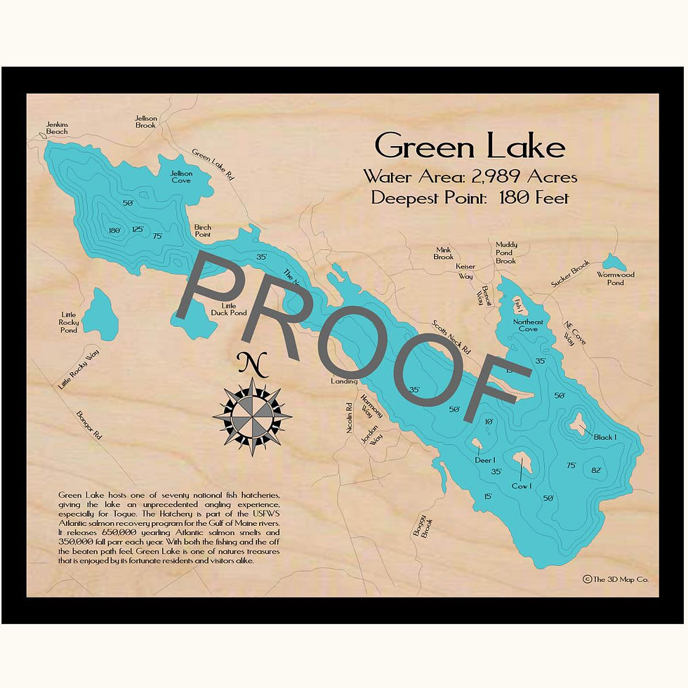 Green Lake 3d wood lake map art in traditional relief style featuring bathymetric depth layers.