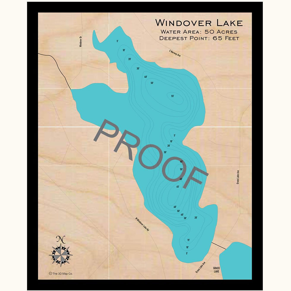 Windover Lake 3d wood lake map art in traditional relief style featuring bathymetric depth layers.