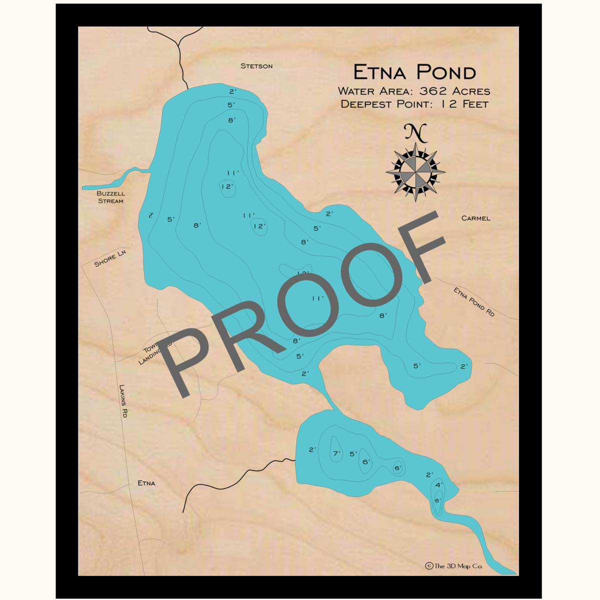 Etna Pond 3d wood lake map art in traditional relief style featuring bathymetric depth layers.