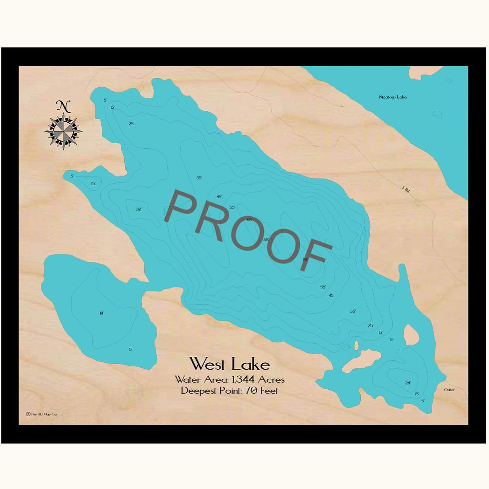 West Lake 3d wood lake map art in traditional relief style featuring bathymetric depth layers.