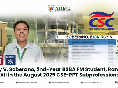 Eoin Roy V. Soberano, 2nd-Year BSBA FM Student, Ranks 1st in Region XII in the August 2025 CSE-PPT Subprofessional Exam