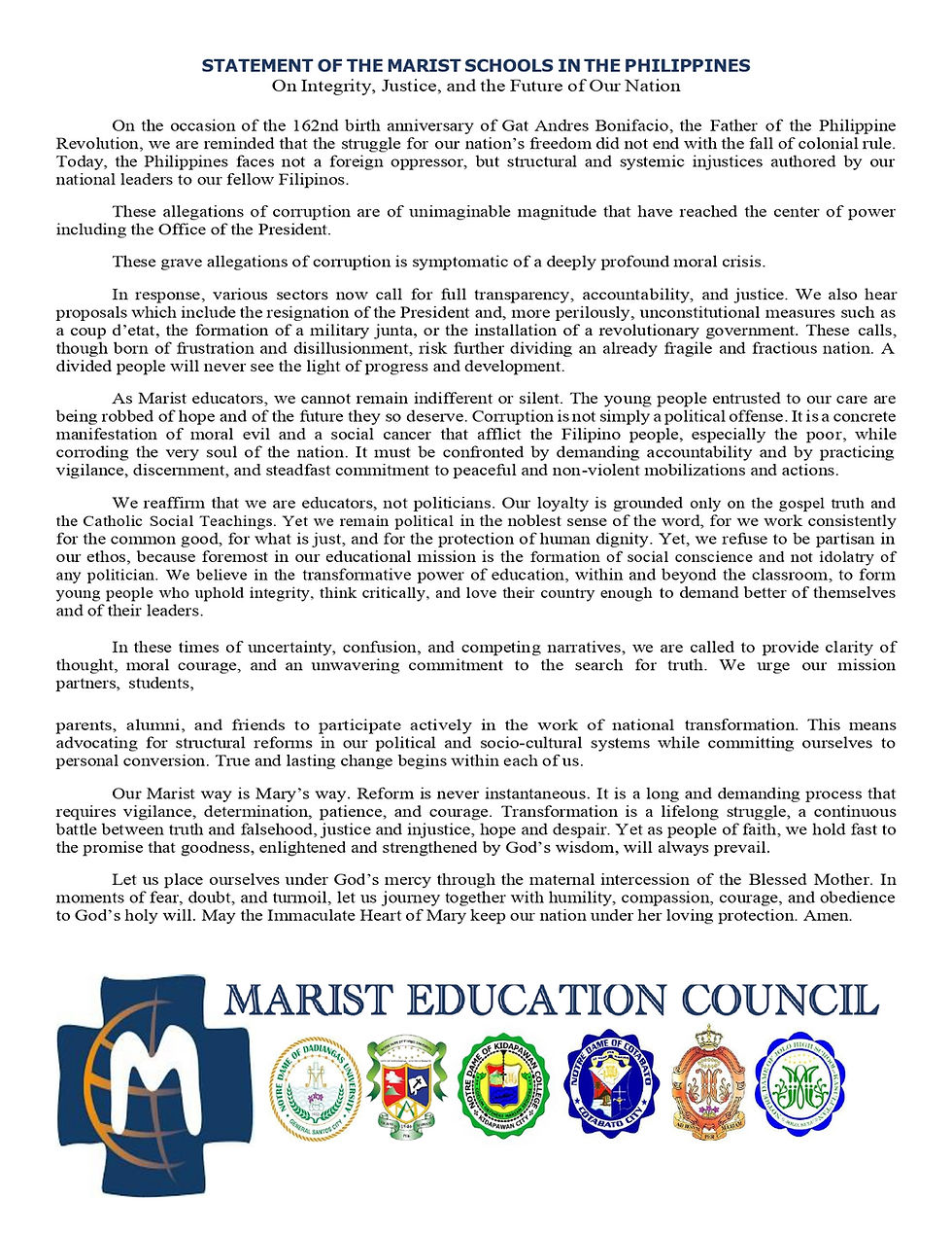 STATEMENT OF THE MARIST SCHOOLS IN THE PHILIPPINES ON INTEGRITY, JUSTICE, AND THE FUTURE OF OUR NATION