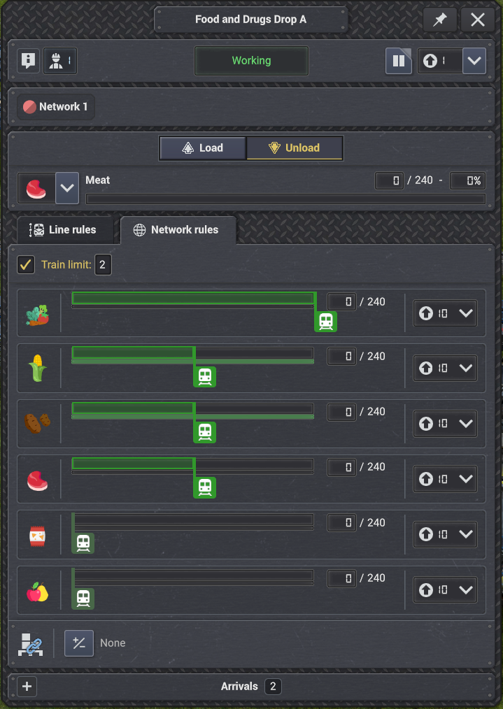 Food unloading station with multiple requested products. Each product has an independent slider for requesting products.