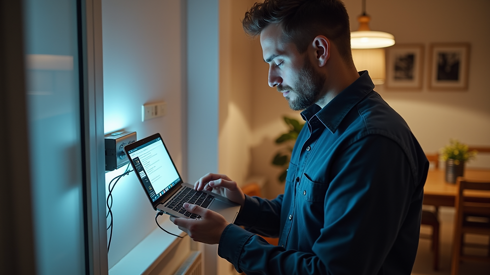 High angle view of a technician setting up a secure Wi-Fi network in a Nottinghamshire home