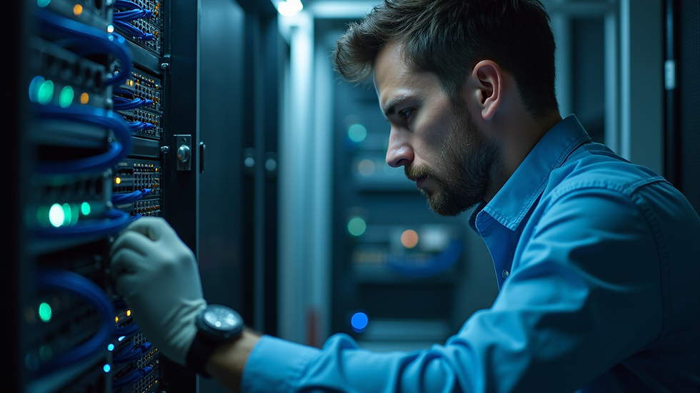 Close-up view of a technician working on a computer network setup