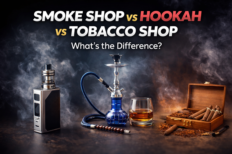 Visual comparison of smoke shop, hookah store, and tobacco shop items including vape device, hookah, and cigars
