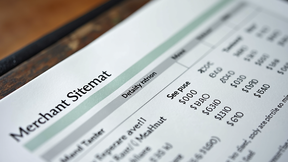Close-up view of a printed merchant statement with detailed fee breakdown