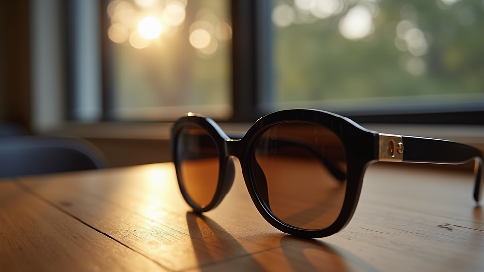 Close-up view of stylish sunglasses on a wooden table