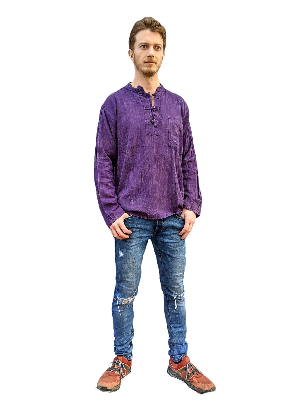 Thumbnail: Knot Button Stonewash L/S Cotton Shirt (Available in 5 colours)